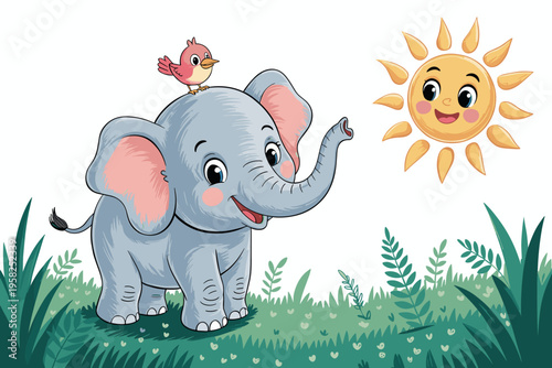 Cute cartoon elephant and a small pink bird standing in a sunny nature landscape with a smiling sun above for children education, nursery decor, playful kindergarten graphic, happy summer wildlife vec