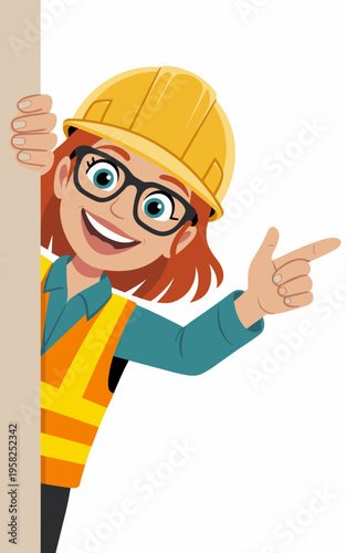 A happy female construction worker in a safety vest and yellow hard hat pointing aside at a blank space for text invitation, professional builder character design for architectural marketing presentat