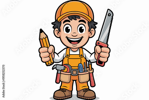 Happy construction worker boy cartoon character wearing orange uniform holding pencil and saw hand tools standing in a utility belt for home improvement maintenance renovation repair and building proj