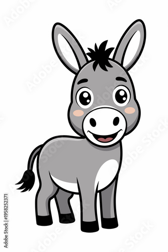 Cute cartoon donkey isolated on white background, friendly baby ass character with big expressive eyes and happy smile, vector illustration of gray farm mule, nursery wall art decor or kids greeting d