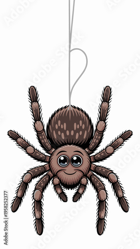 Cute furry tarantula spider hanging from a single silk thread isolated on white background, cartoon vector illustration of a friendly arachnid character for halloween decorations, educational game des