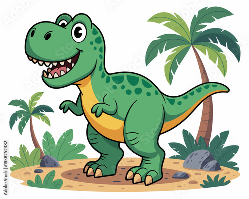 Friendly green T-Rex dinosaur cartoon character standing in a lush prehistoric jungle landscape with tropical palm trees, a cheerful creature designed for kids nursery wall art, education and playful 