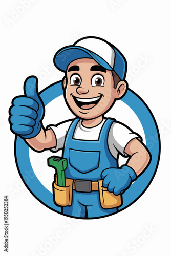Friendly handyman mascot giving a thumbs up character design featuring a plumber in blue overalls with a tool belt and tool isolated on white background for professional construction service branding 