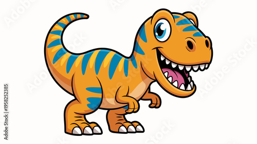 Friendly orange dinosaur cartoon character with vibrant blue stripes smiling happily, vector illustration of a cute prehistoric tyrannosaurus rex mascot designed for nursery decor, children brand, or 