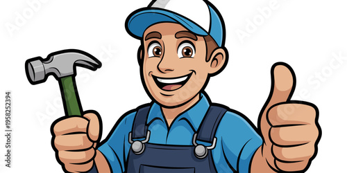 Friendly handyman mascot wearing a blue work cap and overalls holding a claw hammer giving a big thumbs up gesture. Vector illustration representing professional construction, home repair service indu