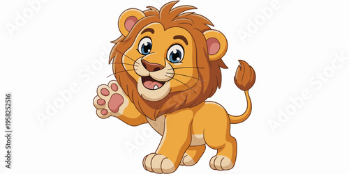 A happy cute baby lion cartoon character waving hand in friendly gesture isolate on white, adorable young cub illustration for children education, jungle animal mascot graphic design for playful nurse
