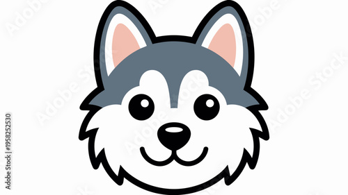 Cute cartoon husky dog face badge icon representing a friendly canine pet with fluffy grey and white fur isolated on a clean white background for modern branding graphic design elements and web projec