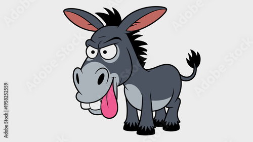 Funny donkey cartoon character with an angry facial expression sticking out his tongue, cute grey beast of burden mascot, silly farm animal creature, comical vector illustration for kids education des