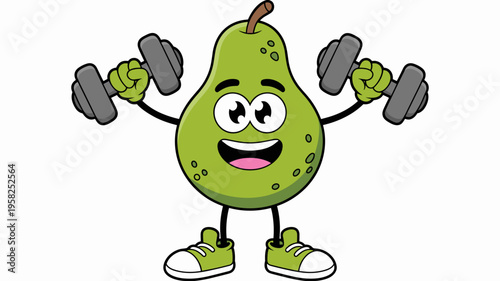 A cute anthropomorphic green pear character lifting heavy metal dumbbells during an intense workout routine, isolated on a clean white background, digital mascot design for fitness health lifestyle br