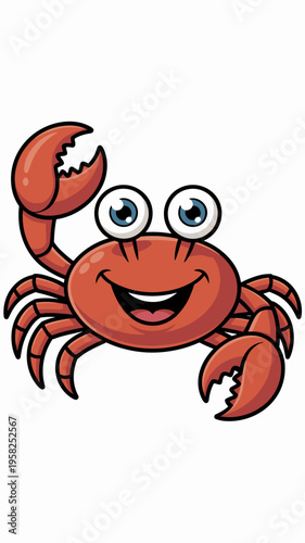 A happy red cartoon crab mascot waving an oversized pincer claw with a friendly smile, cute sea creature illustration for kids, vibrant marine animal character design for educational games and fun the