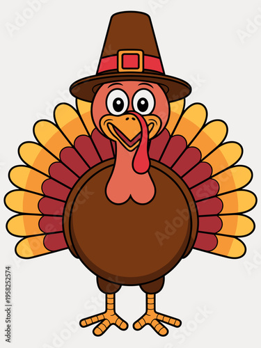 Happy Thanksgiving turkey cartoon character wearing a traditional pilgrim hat celebrating fall harvest holiday event isolated on white background festive vector illustration for seasonal greeting card