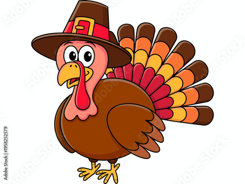 Cute cartoon turkey wearing a traditional pilgrim hat for Thanksgiving holiday celebration, charming vector illustration of festive bird mascot, colorful feathers design for seasonal greeting card ass