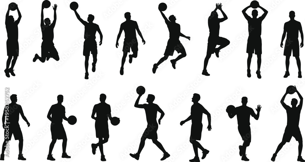 Fototapeta premium Basketball player silhouettes sports action dribbling shooting dunking icons flat vector