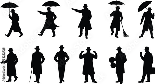 Man silhouette trench coat fedora hat character action poses flat vector
