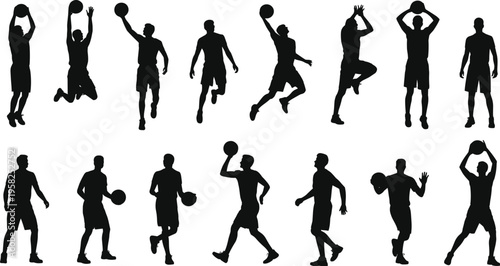 Basketball player silhouettes sports action dribbling shooting dunking icons flat vector