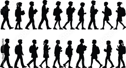 School children silhouettes walking education routine student icons set flat vector