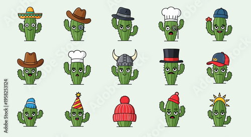 Cute cartoon flowers with happy faces and hats, isolated on white.