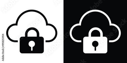 Line art cloud with an close padlock. Represents cloud security access, data decryption, system vulnerability, open source network storage, and digital safety permission levels.