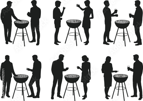Barbecue party people silhouettes outdoor cooking social gathering flat vector