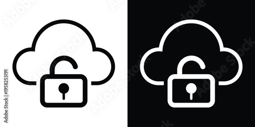 Line art cloud with an open padlock. Represents cloud security access, data decryption, system vulnerability, open source network storage, and digital safety permission levels.