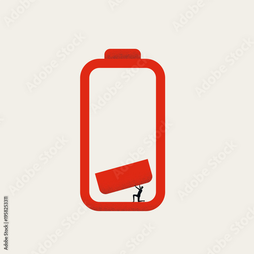 Minimal vector illustration concept: tiny businessman crushed under low battery bar symbol. Depicts fatigue, burnout, exhaustion, low energy, tired worker, mental health, overwork, depletion concept.