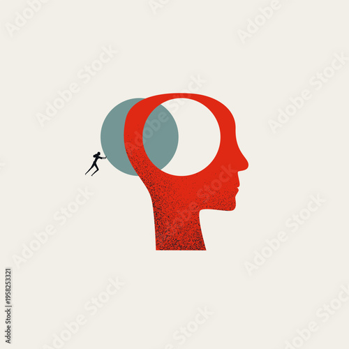 Minimal vector illustration concept: businesswoman pushes teal sphere into red human head silhouette. Depicts idea insertion, brainwash, manipulation, mind control, influence, psychology, thought
