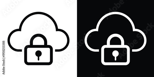 Line art cloud with an close padlock. Represents cloud security access, data decryption, system vulnerability, open source network storage, and digital safety permission levels.