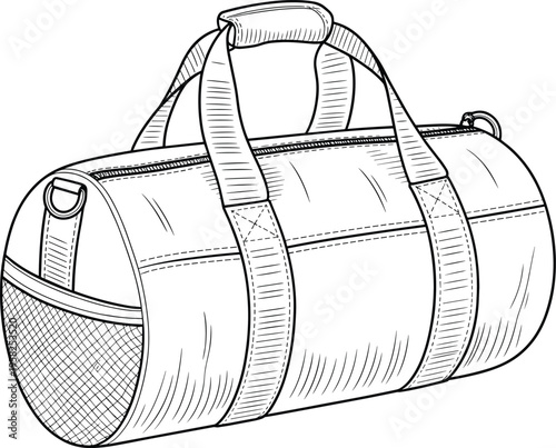 Flat vector illustration of cylindrical duffel bag with handles, zipper, pocket