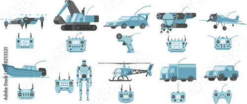 A set of radio-controlled toys including cars, helicopters, drones and boats, in a simple vector style, demonstrating various designs and functionality.