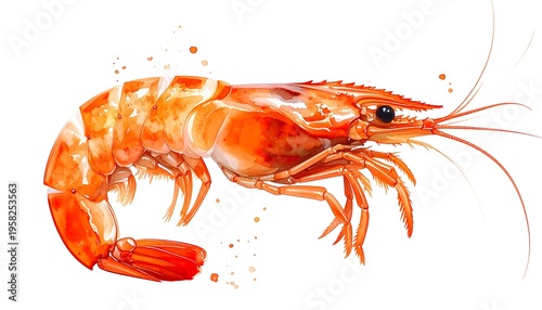 Watercolor Painting of a Vibrant Orange Shrimp on a White Background.