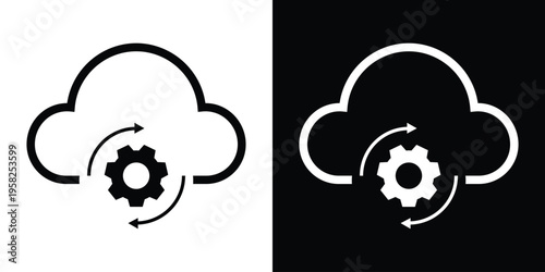 Cloud icon with a rotating gear and arrows. Symbolizes cloud computing, data processing, system synchronization, automated updates, and web-based infrastructure maintenance.