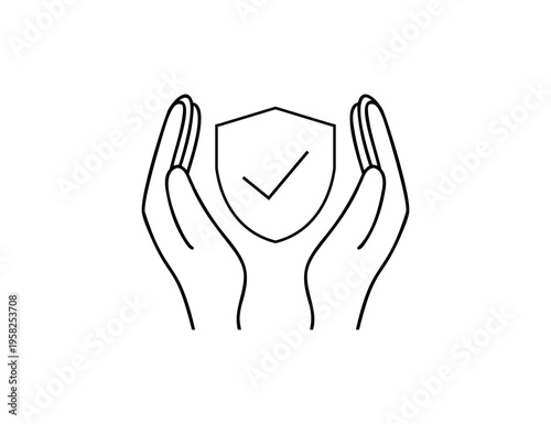 Hands Holding Shield With Checkmark Icon.