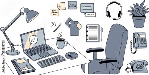 Home Office Workspace Vector Set with Laptop, Desk Lamp, Coffee Mug, Headphones, Plant, and Office Supplies for Remote Work and Productivity Design