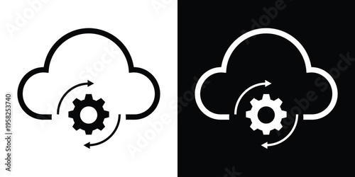 Cloud icon with a rotating gear and arrows. Symbolizes cloud computing, data processing, system synchronization, automated updates, and web-based infrastructure maintenance.
