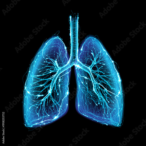 This illustration, using line drawings and dots of light, forms the shape of human lungs against a dark background, giving it a modern, vibrant, and tech-savvy feel.