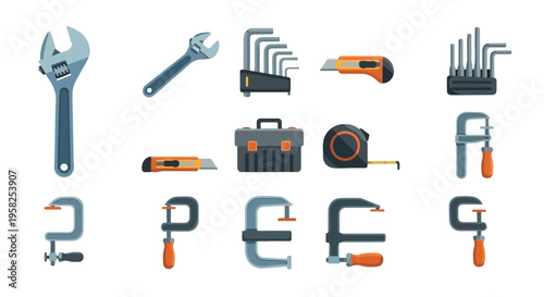 Flat lay of various hand tools and equipment on a clean white background for DIY or construction projects.