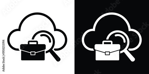 Cloud icon with briefcase and magnifying glass. Represents online recruitment, remote job searching, digital career finding, and cloud-based human resources technology solutions.