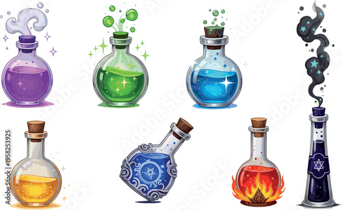 Magic Potion Bottles Vector Set with Colorful Elixirs, Smoke, Bubbles, Fire, and Sparkles for Fantasy, Alchemy, and Wizardry Design