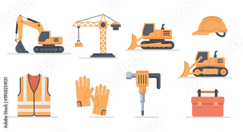 Flat lay illustration of various construction tools and equipment on a white background.