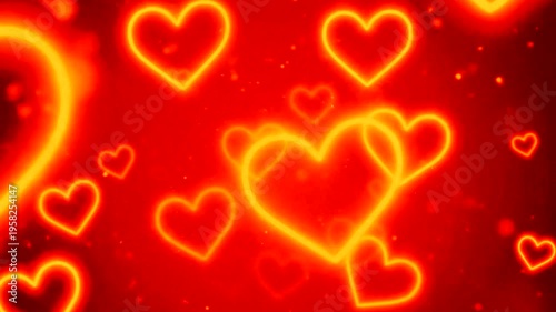 Glowing neon hearts on red background.