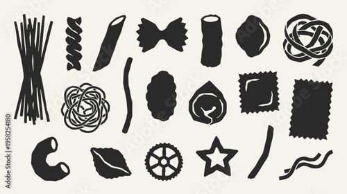 Pasta silhouette collection. Black icons set - spaghetti, fusilli, farfalle, rigatoni, lasagna, ravioli, tagliatelle, linguine, fettuccine, gnocchi. Vector linocut style minimalist design elements.