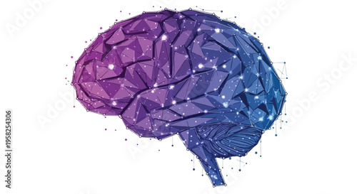 Illustration of a brain with purple and blue gradient mosaic pattern and white dots on a white background.