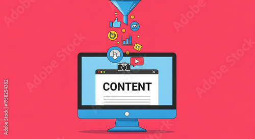 Social media content flows from a computer monitor in a digital environment with symbols and icons.