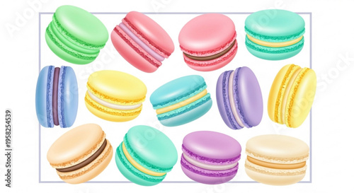 Colorful macarons arranged in rows on a white background showcasing various flavors and textures of the sweet french dessert