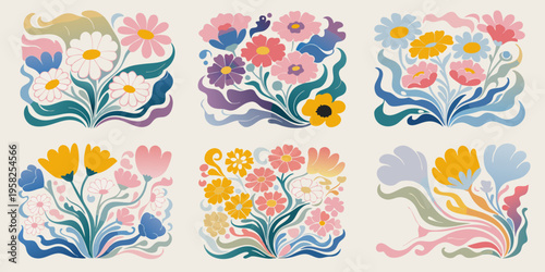 Six detailed clusters of colorful, richly illustrated flowers show various combinations of daisies and tulips arranged in square compositions atop a pale beige surface.