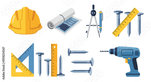 Collection of various construction tools and equipment on a white background, including a hard hat, blueprint, compass, drill, and other hardware.