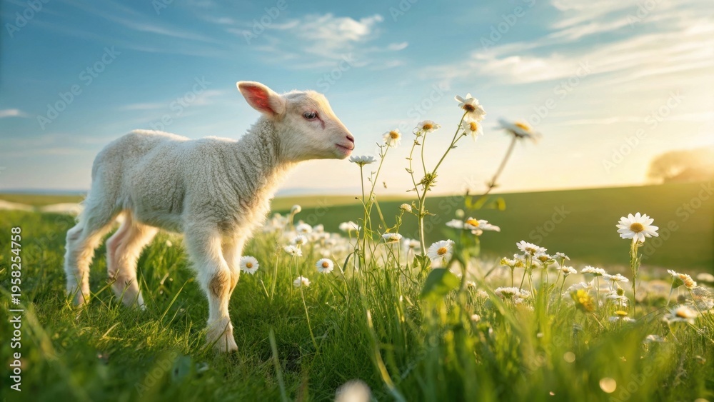 Obraz premium White lamb in a field of daisies