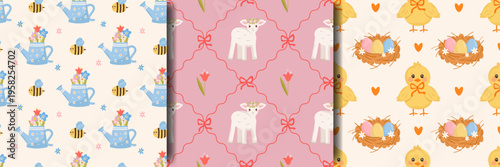 Easter seamless patterns set with cute lamb and chick, spring flowers, watering can. Pastel holiday backgrounds collection