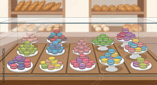 Assorted colorful macarons on display in a bakery case with various breads in the background