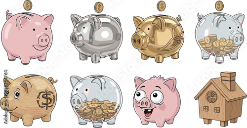 Piggy Bank Collection Vector with Various Designs Including Pink, Gold, Silver, Wooden, and Coin-Saving Styles for Financial and Savings Illustration